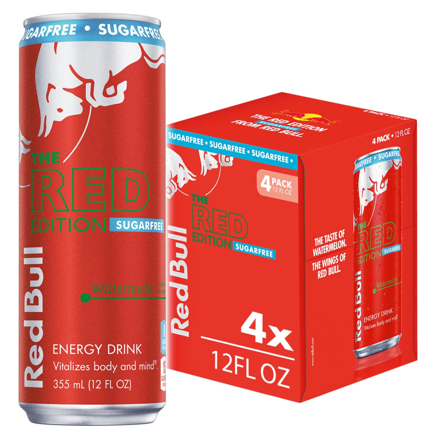 Red Bull Red Edition Sugar Free Energy Drink  Watermelon  with 114mg Caffeine plus Taurine & B Vitamins  12 Fl Oz  Pack of 4 Cans