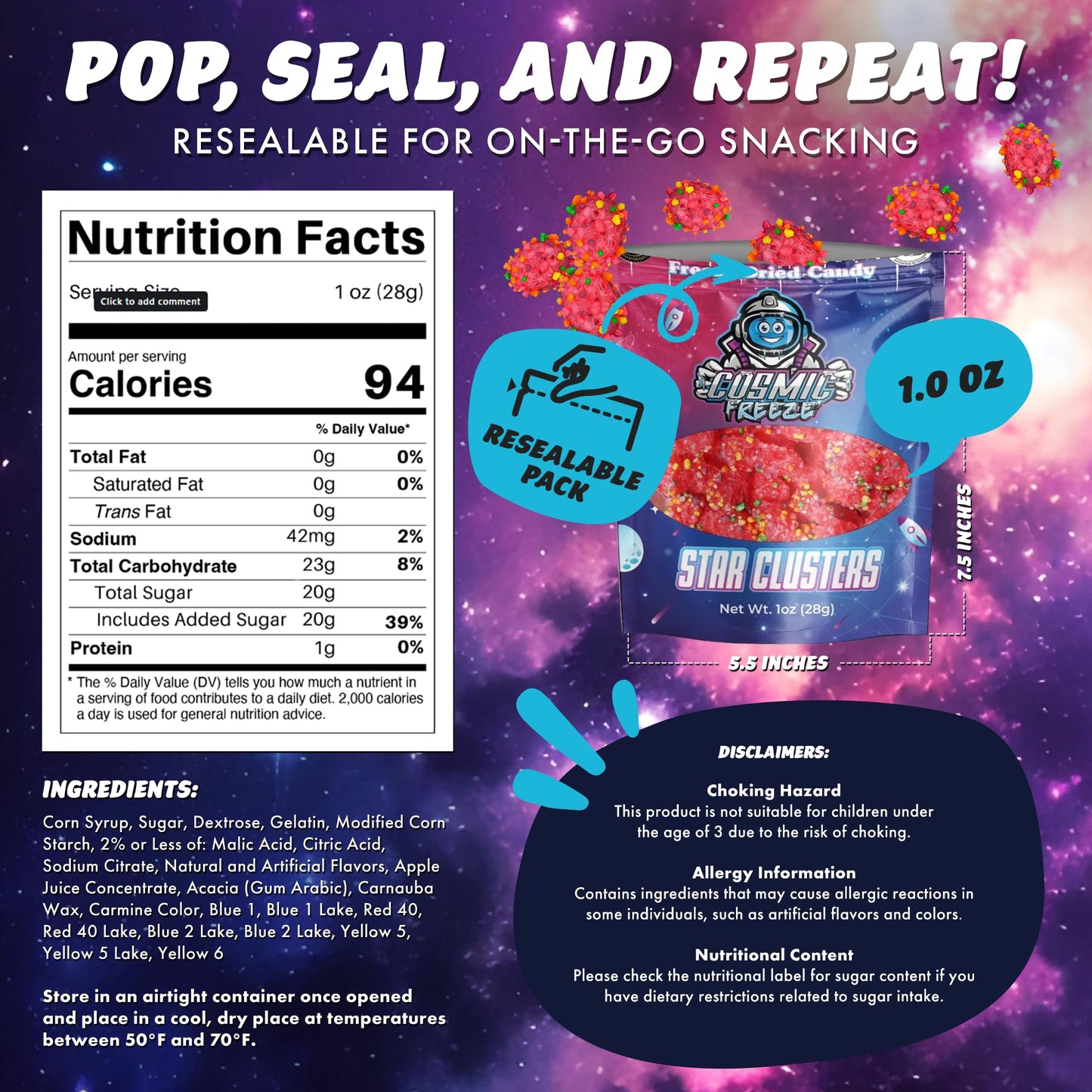 Star Clusters Freeze Dried Candy Pack, Crunchy Dry Frozen Candy Freeze Dried For Mix-In Snacks, Gluten-Free, Made In Usa, 1.0 Oz