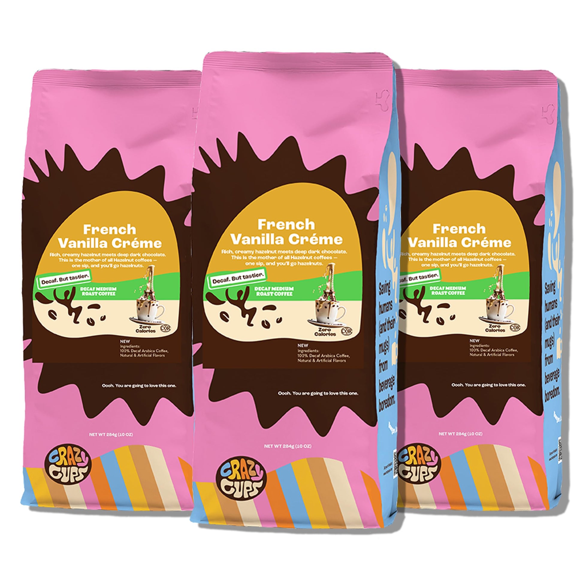 Crazy Cups Decaf Flavored Ground Coffee, French Vanilla Crme, Brew Hot Or Iced Coffee, 10 Oz Bags, 3 Pack