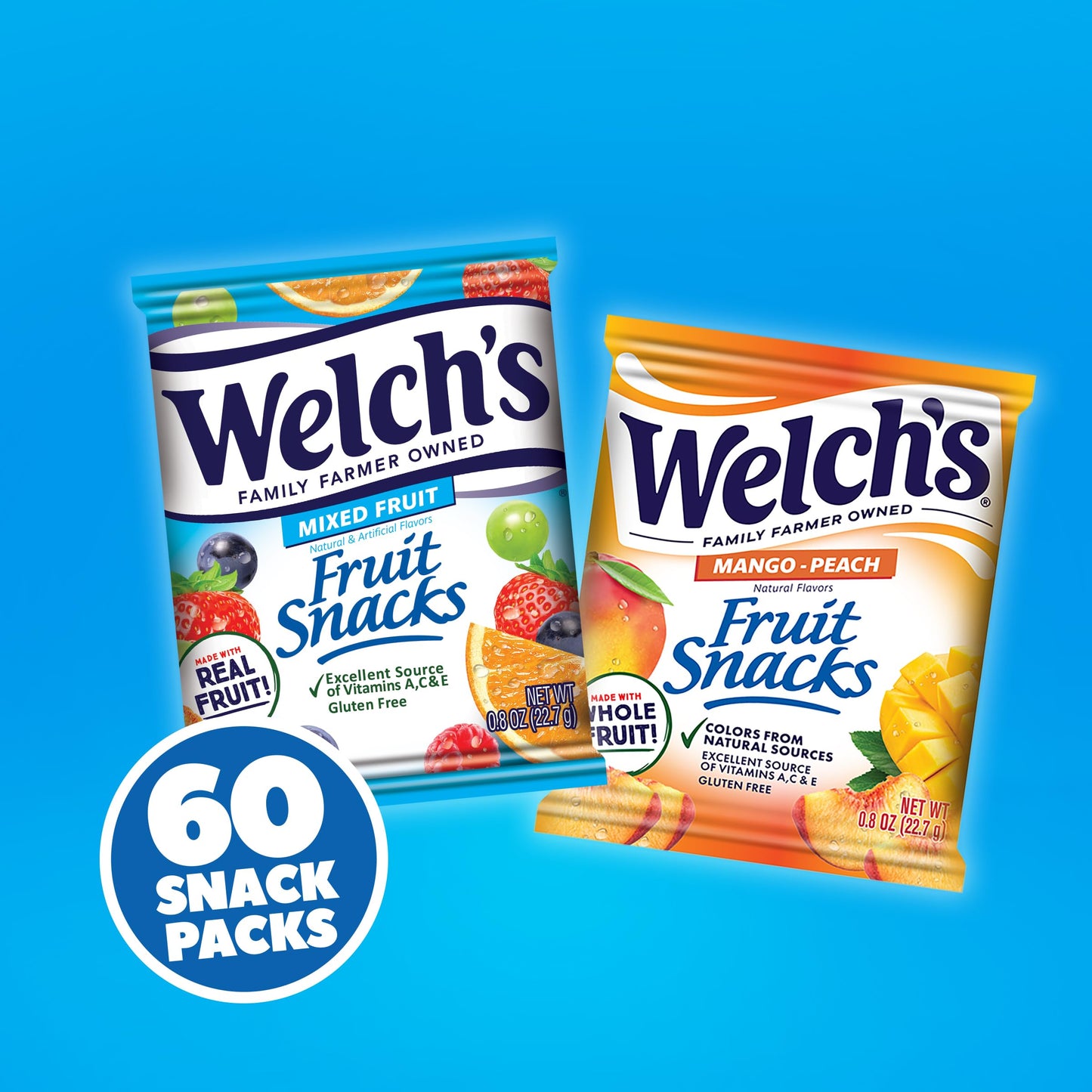 Welchs Fruit Snacks  Mixed Fruit & Mango Peach Snack Box  Gluten Free  Stocking Stuffers  0.8oz Snack Packs (Pack of 60)