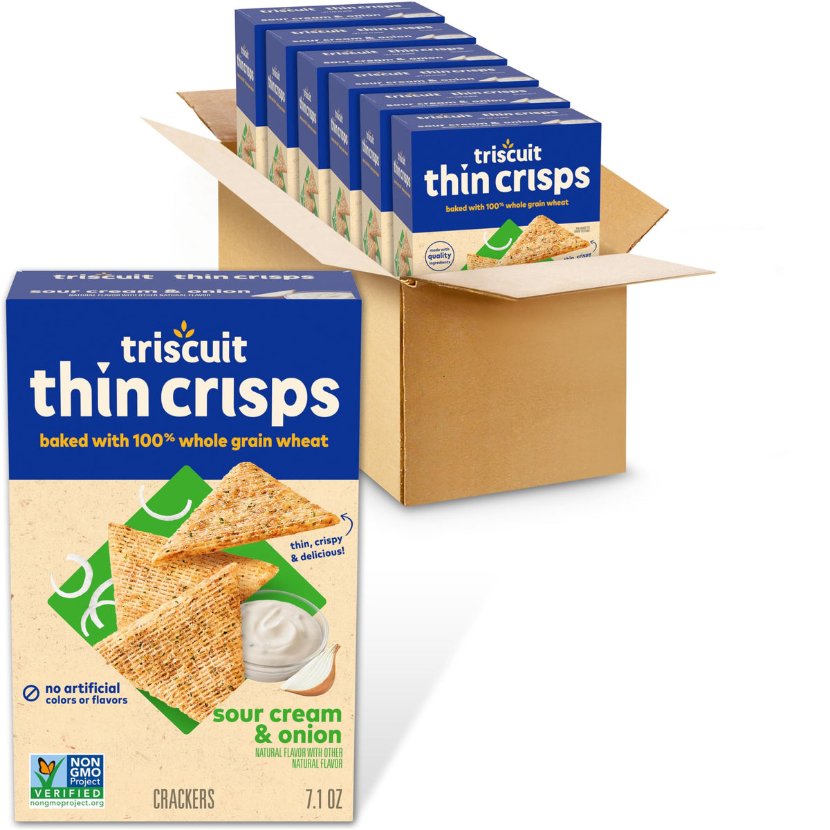 Triscuit Thin Crisps Sour Cream & Onion Whole Grain Wheat Crackers, Lunch Snacks, Bulk Snack Crackers, 6-7.1 oz Boxes