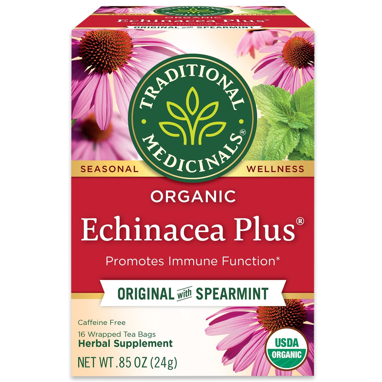 Traditional Medicinals Organic Echinacea Plus with Spearmint Herbal Tea, Promotes Immune Function, (Pack of 2) - 32 Tea Bags Tot