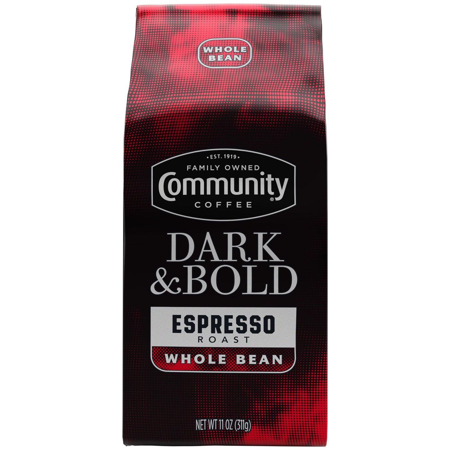 Community Coffee Dark & Bold Espresso Blend, Dark Roast Whole Bean Coffee, 11 Ounce Bag, Pack of 6