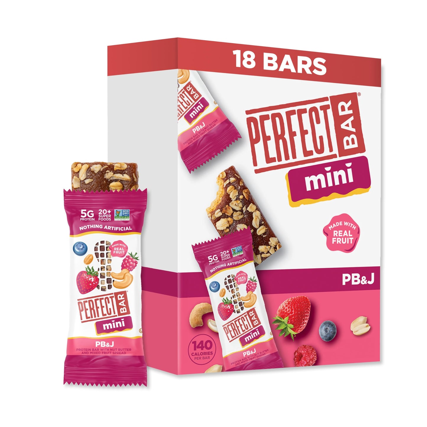 Perfect Bar Mini Protein Bar, PB&J Flavor, Gluten Free, 1.5 Ounce, 18 Count