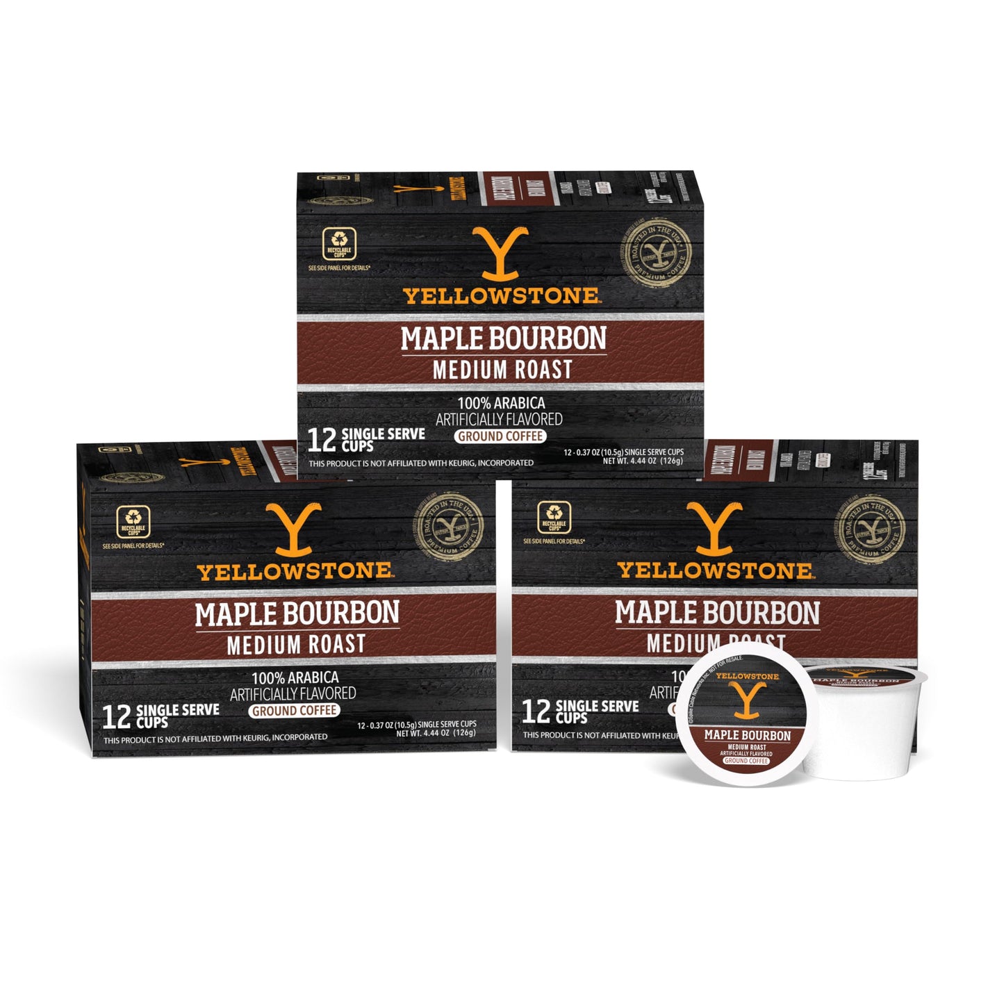 Yellowstone Maple spirit-inspired flavor Medium Roast Coffee  Single Serve Recyclable Pods/Cups  100% Arabica Beans  36 Count