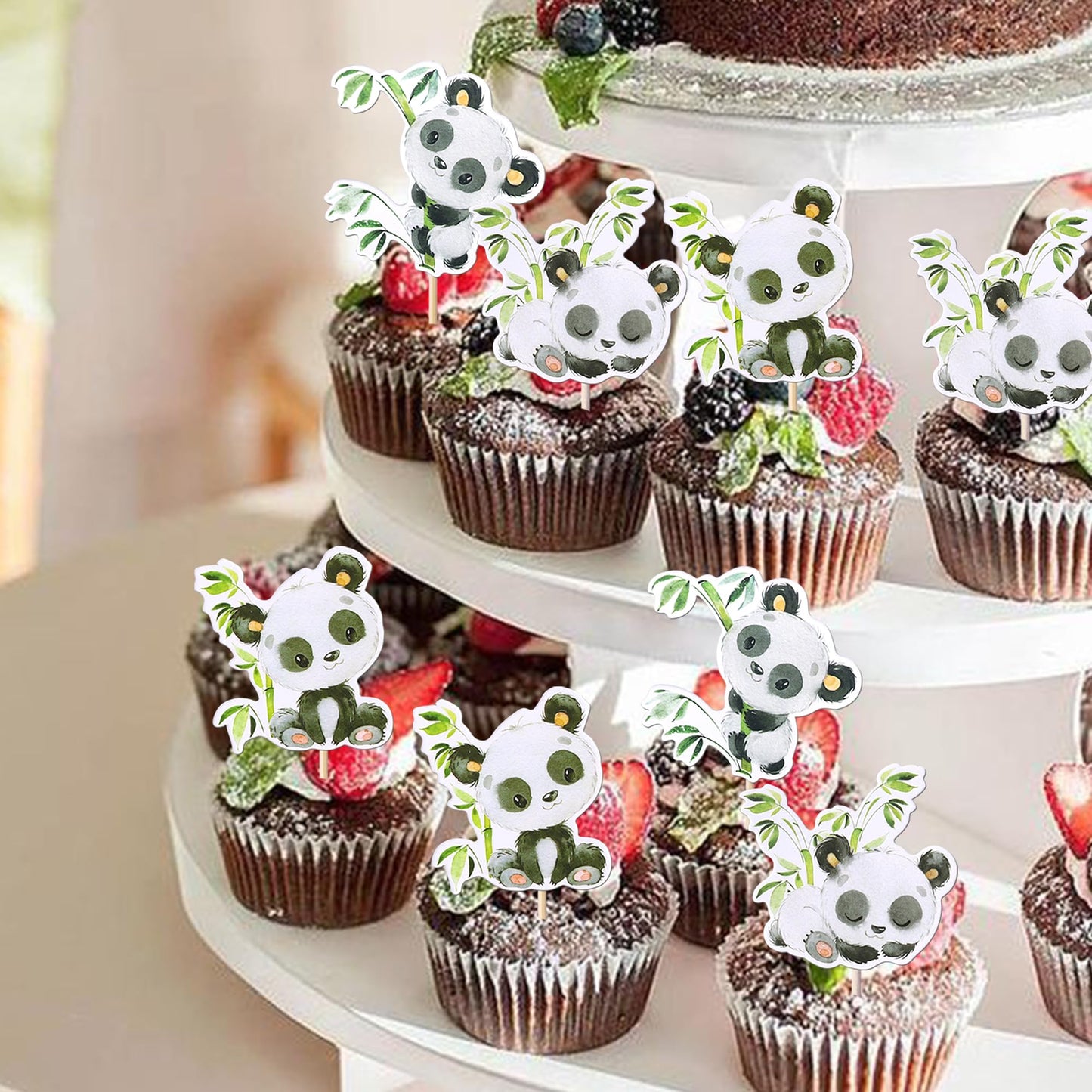 Rssta i Panda Cupcake Toppers - 36 Pack Green Bamboo Baby Panda Bear Picks for Baby Shower & Kids Birthday Party Decorations