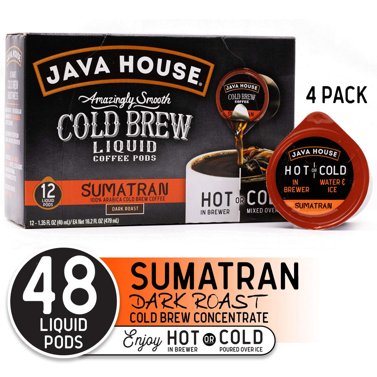 Java House Cold Brew Coffee Concentrate Single Serve Liquid Pods, Sumatran, 1.35 Fl Oz (Pack Of 48)