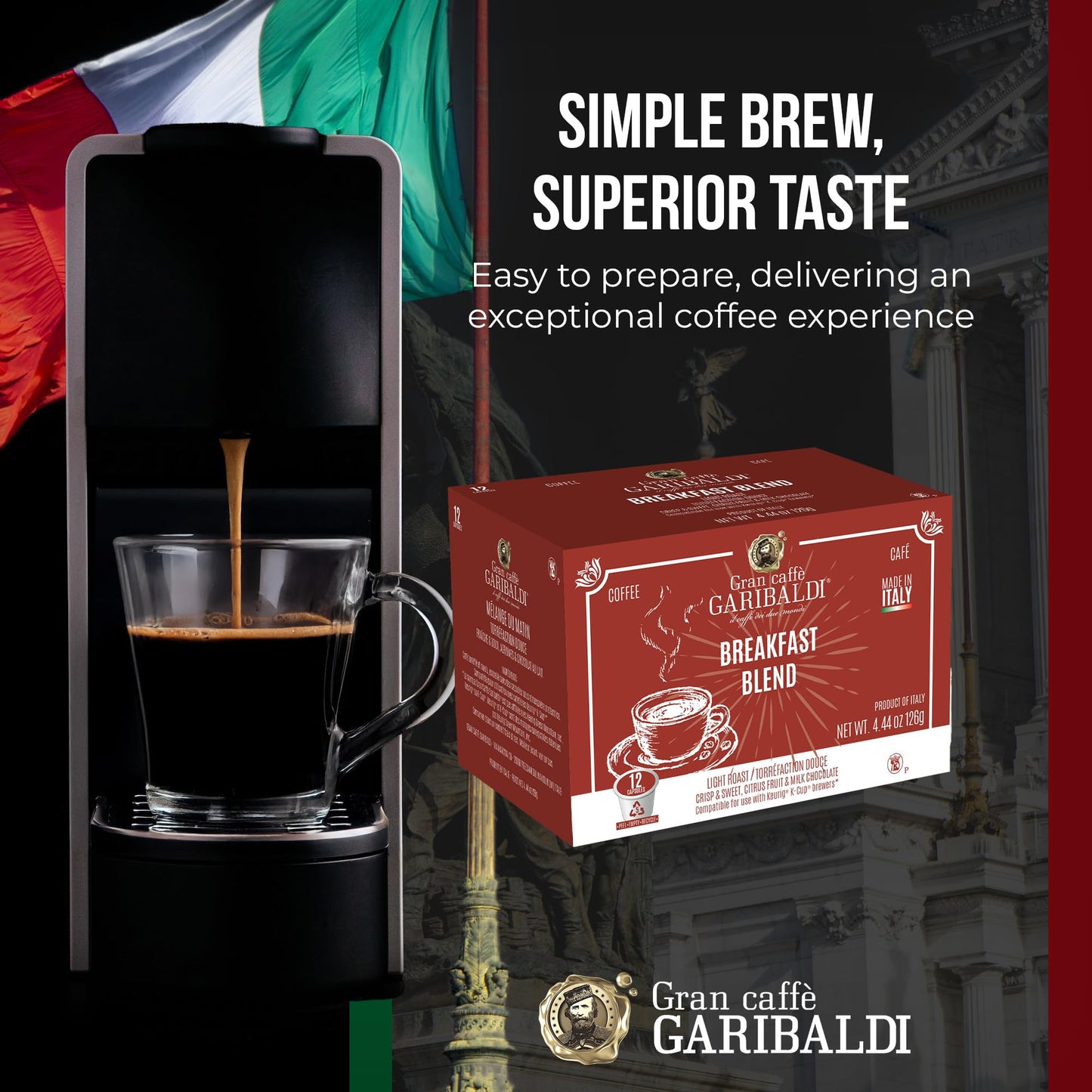 Caffè Garibaldi Sumatran Coffee Pods, Dark Roast, 100% Arabica, Recyclable, 12 Count