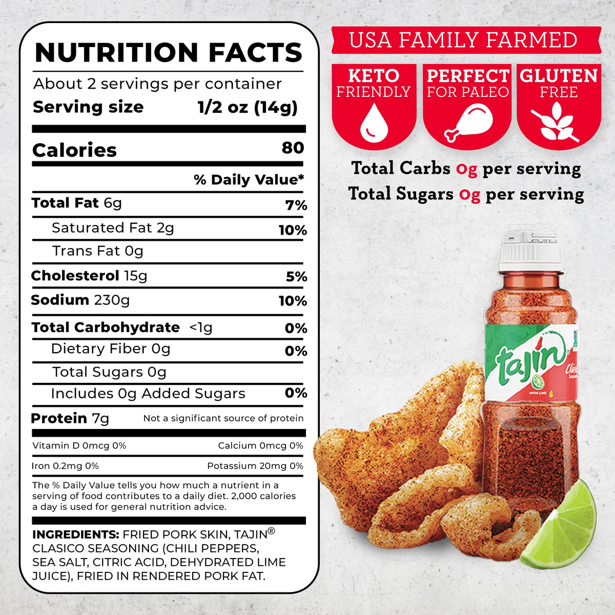 4505 Tajin Seasoned Chicharrones, Fried Pork Rinds - Chile Limon Mild Flavored Pork Skins - Low Carb, Gluten-Free, Protein Snack