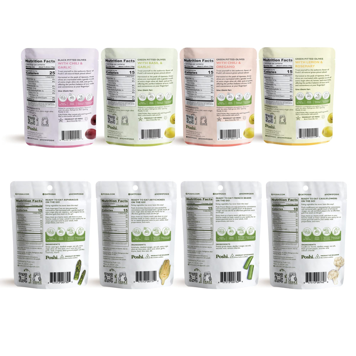 OLOVES + POSHI Combo Pack | Natural Whole Pitted Olives 4 Flavor Variety | Poshi 4 Flavor Variety | Vegan, Kosher, Gluten Free +