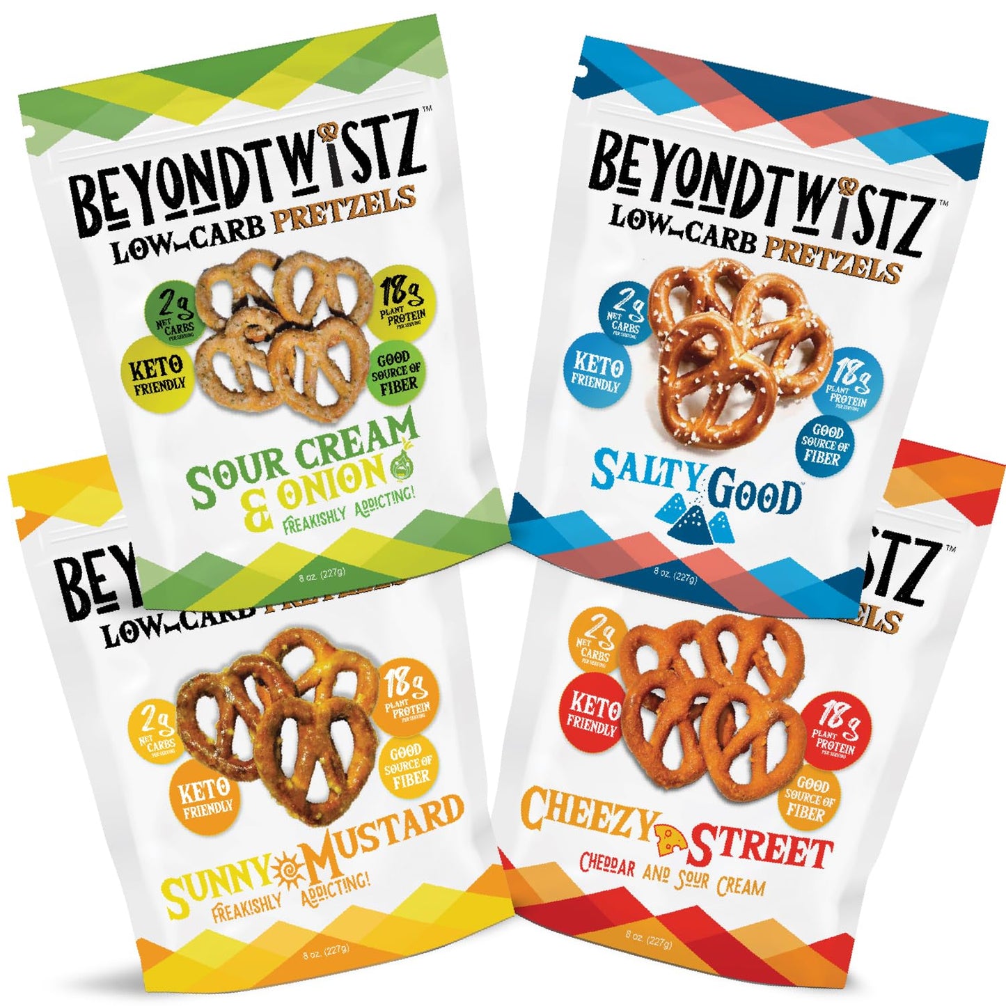 BeyondChipz Low Carb Pretzels, Keto Friendly, 2g Net Carbs, 18g Protein, 8oz Bag, Pack of 4