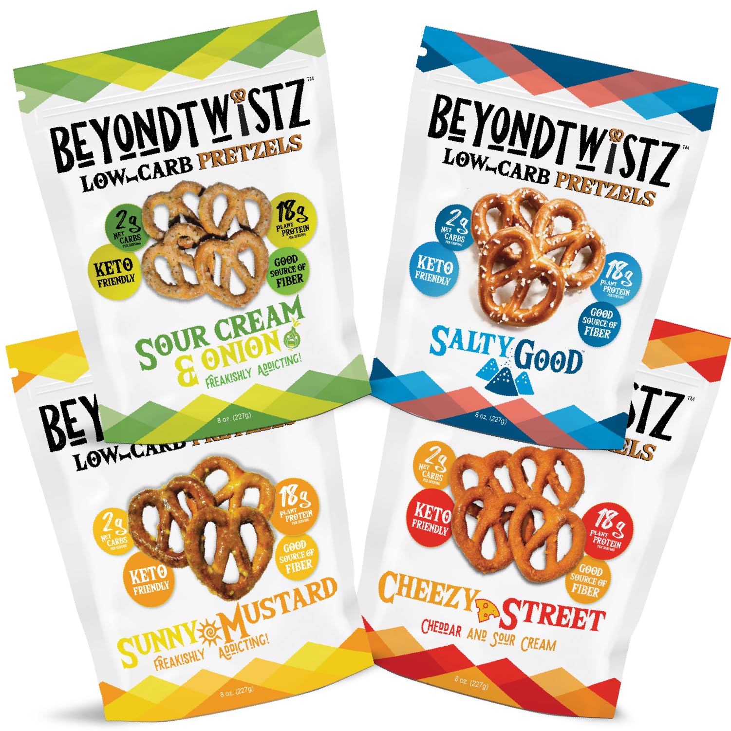 BeyondChipz Low Carb Pretzels, Keto Friendly, 2g Net Carbs, 18g Protein, 8oz Bag, Pack of 4