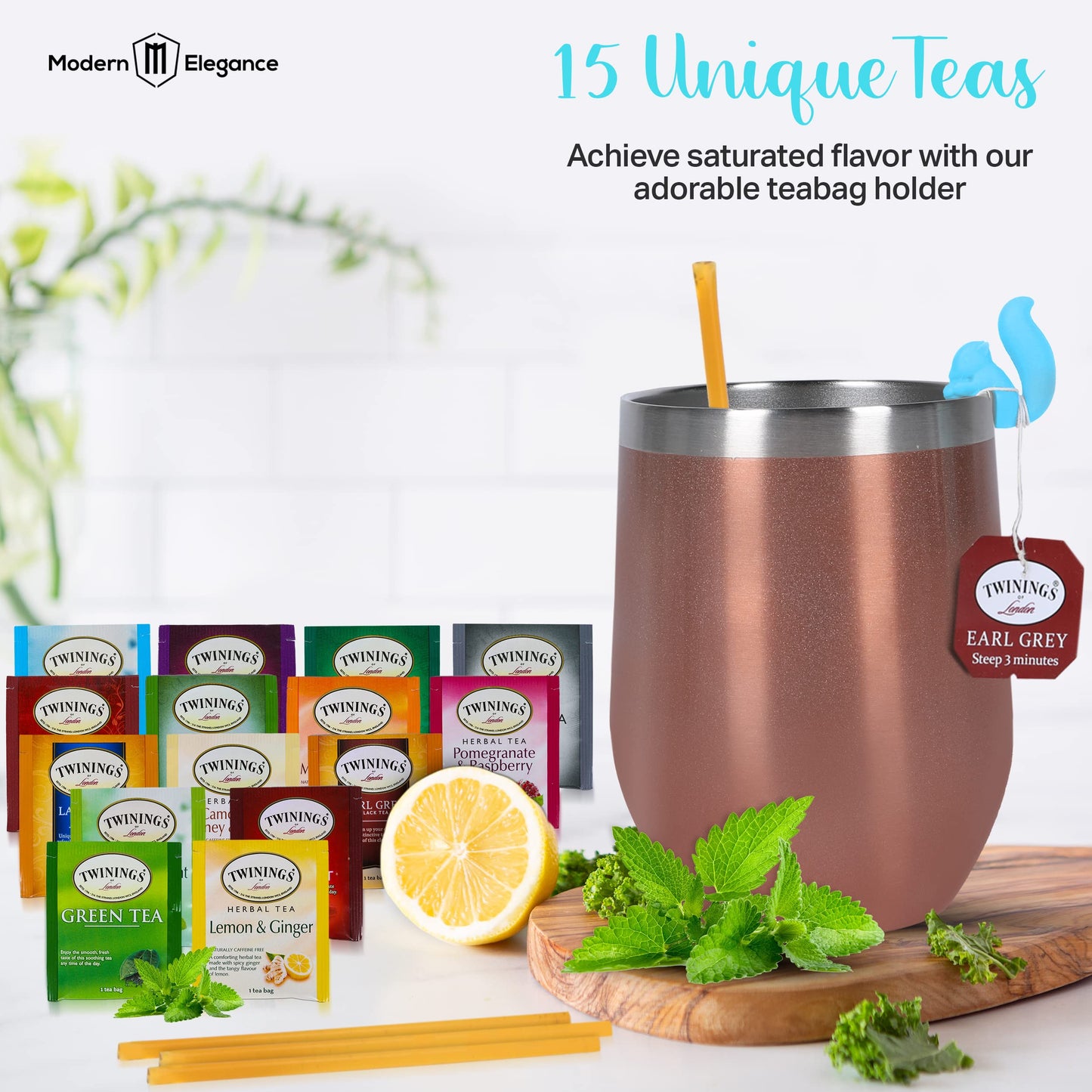 Modern Elegance Tea Gift Basket - 28 Piece Set with 15 Unique Blends, Honey Sticks, Stainless Tumbler, Rose Gold