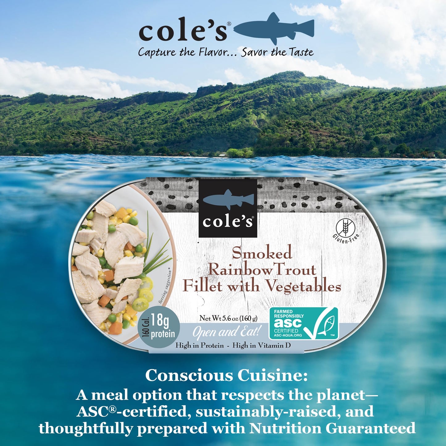 Coles Smoked Rainbow Trout Fillet with Vegetables, Ready to Eat Meal, 5.6 oz, 18g Protein, High in Vitamin D, Canned Fish