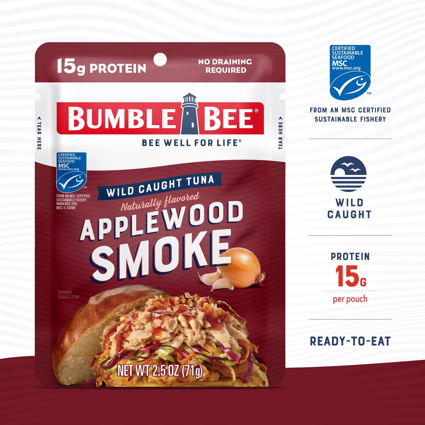 Bumble Bee Applewood Smoke Seasoned Tuna Pouch - 2.5 oz - Wild Caught, Gluten Free, 15g Protein
