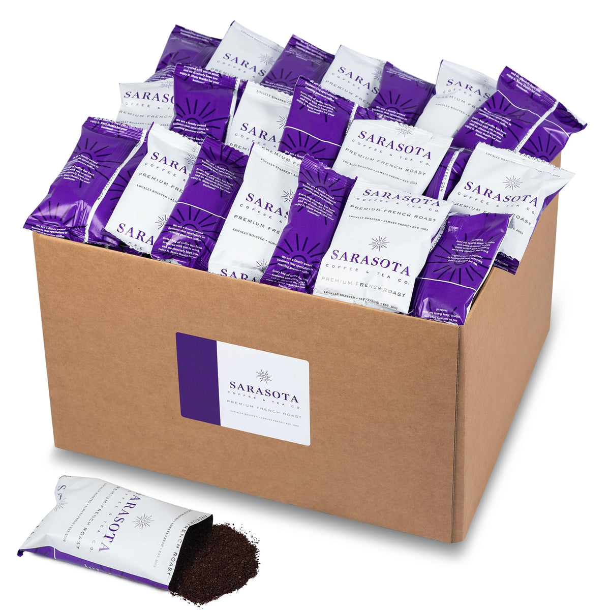 Sarasota Coffee Ground Packets | Low Acid Dark Roast Ground Coffee Packs | European French Roast | Mold Free And Individual Packets For 12 Cups | 1.75 Ounce Bags  100 Count