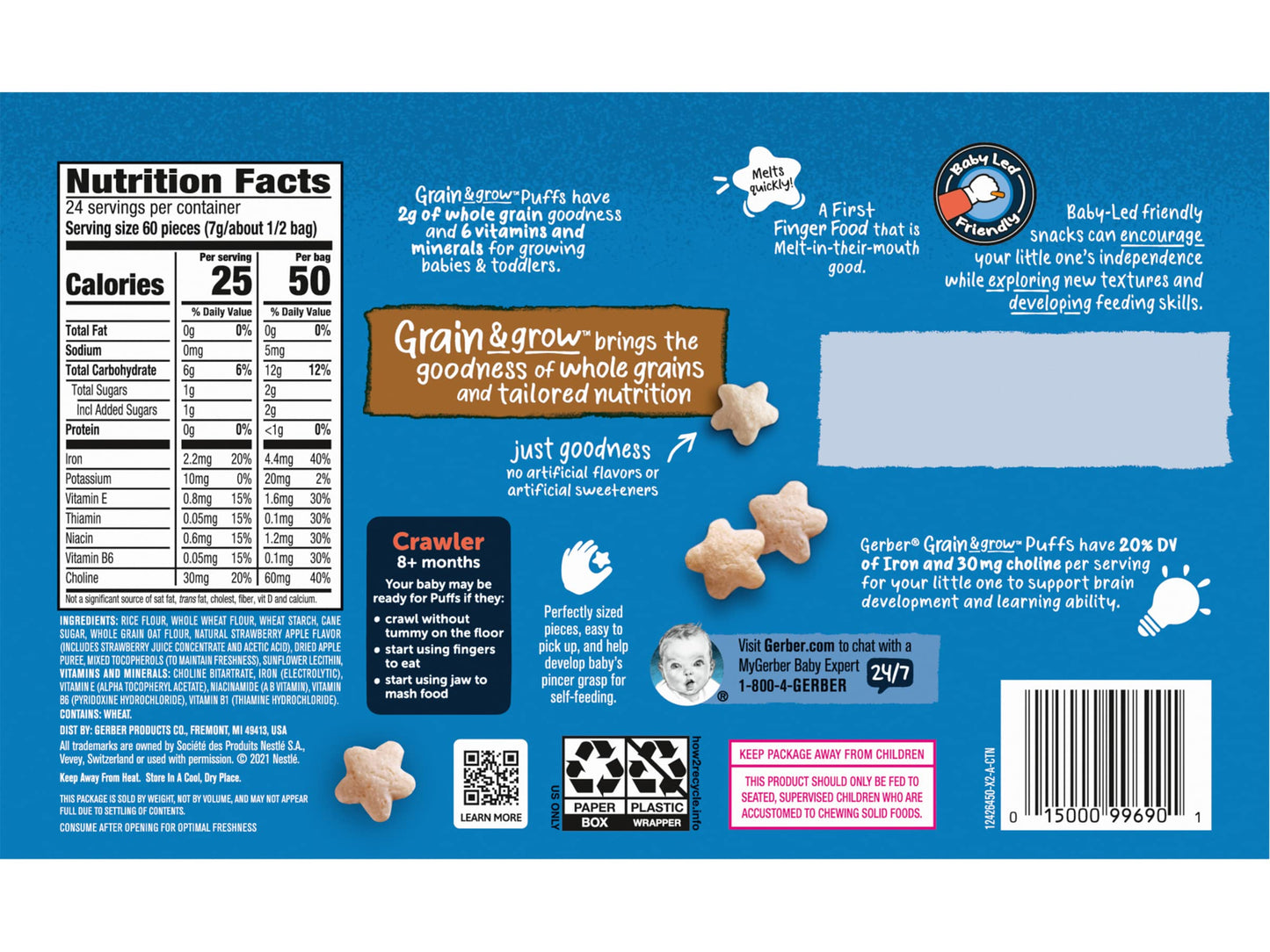 Gerber Snacks for Baby Grain & Grow Puffs To Go, Strawberry Apple, Non-GMO Puffed Grain Baby Snack for Crawlers, Pack of 1 Box