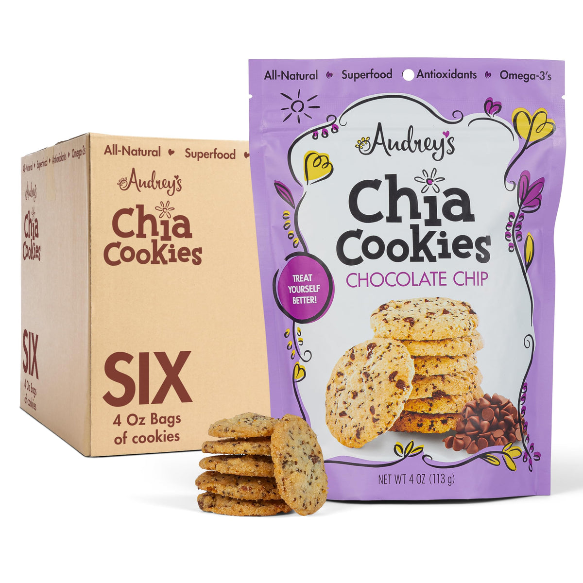 Audrey's Chia Cookies - Bite size cookies with premium quality ingredients. Non-GMO (Chocolate Chip, 6 Pack)