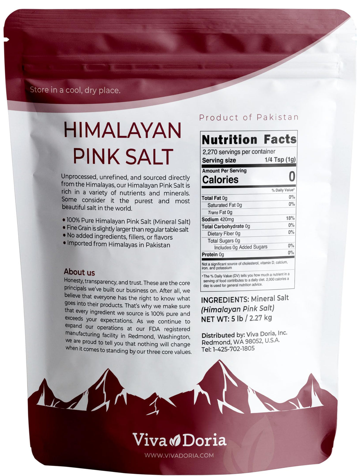Viva Doria Himalayan Pink Salt, Fine Grain, Certified Authentic, 5 lb (2.27 Kg)