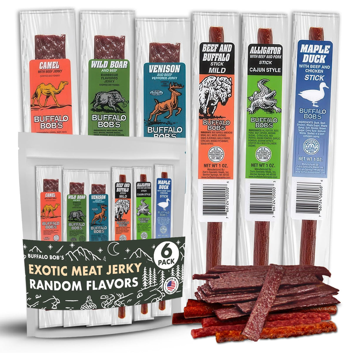 Buffalo Bob'S Wild Game Meat Snacks (6 Pack), Beef Jerky Variety Pack, Jerky Gift Baskets For Fathers/Dad, Exotic Random Jerky S