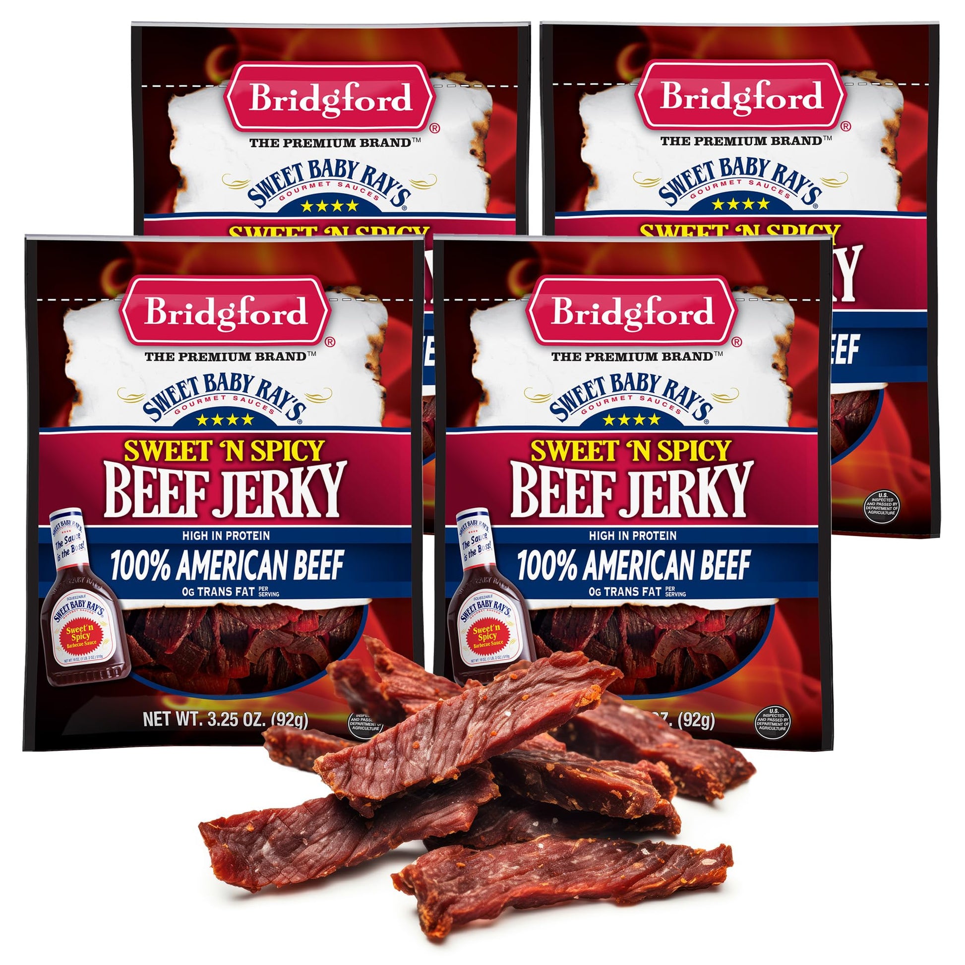 Bridgford Sweet Baby Rays Beef Jerky Sweet N Spicy 3.25 oz Pack of 4 - High Protein Sweetened Spicy Beef Jerky for Your Dietary 