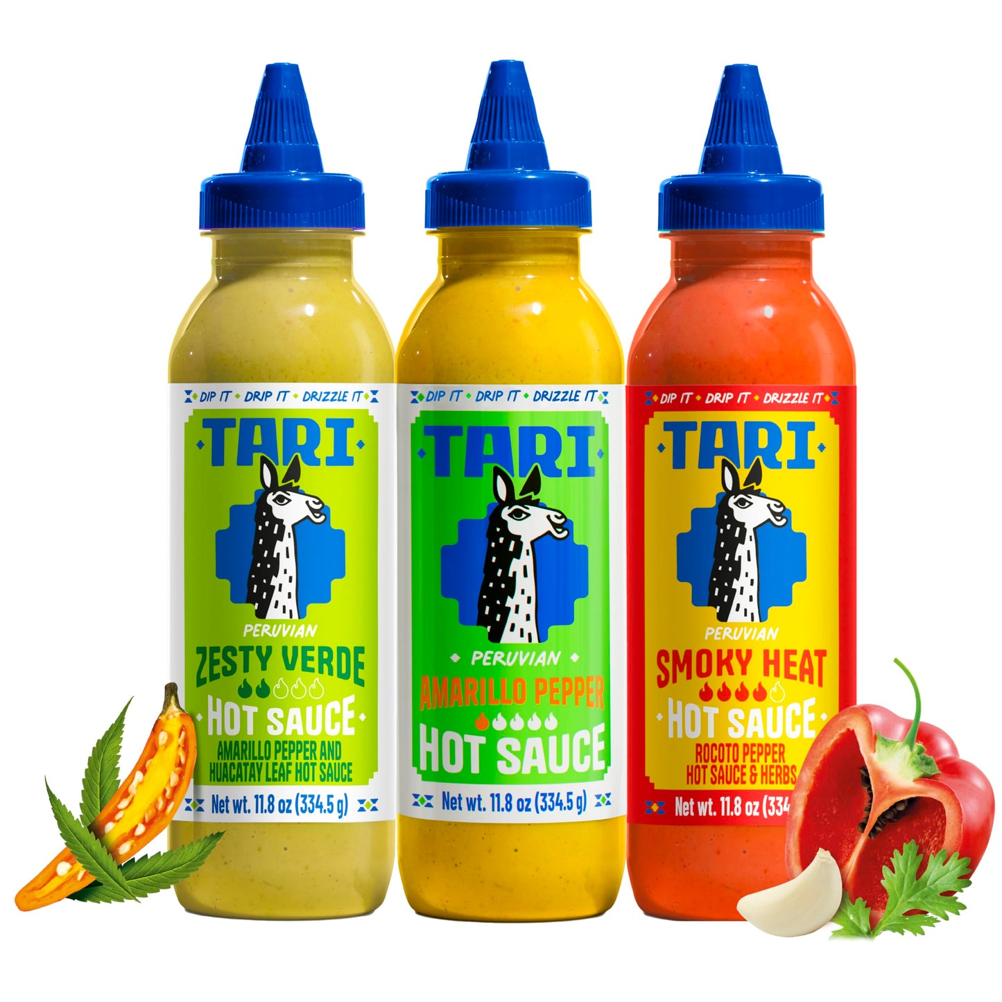 Tari Hot Sauce - Rocoto & Amarillo Pepper Variety Pack - Aji Amarillo + Zesty Verde + Smoky Heat - 11.8oz each (3Pk)
