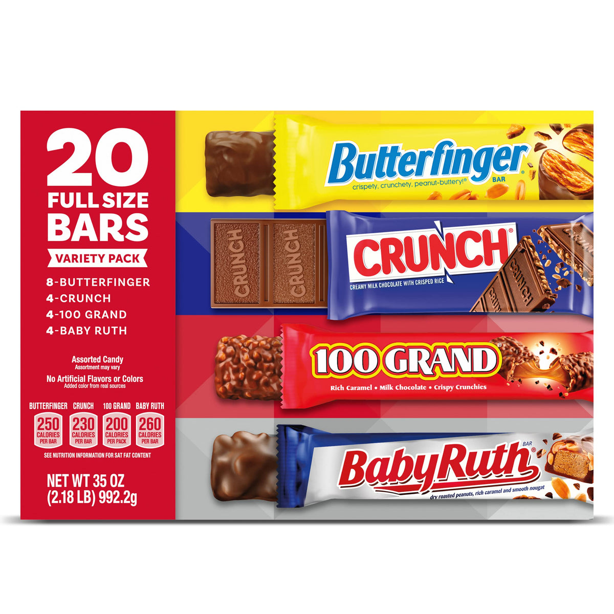 Butterfinger, Crunch, Baby Ruth And 100 Grand, Bulk 20 Pack, Assorted Full Size Chocolate Candy Bars, 35 Oz