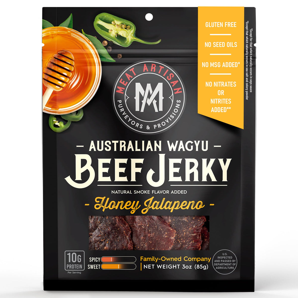 Meat Artisan Beef Jerky - Australian Wagyu Honey Jalapeo - High Protein Snack - Gluten Free No Msg - Top-Grade Gourmet Natural 3Oz (85G)