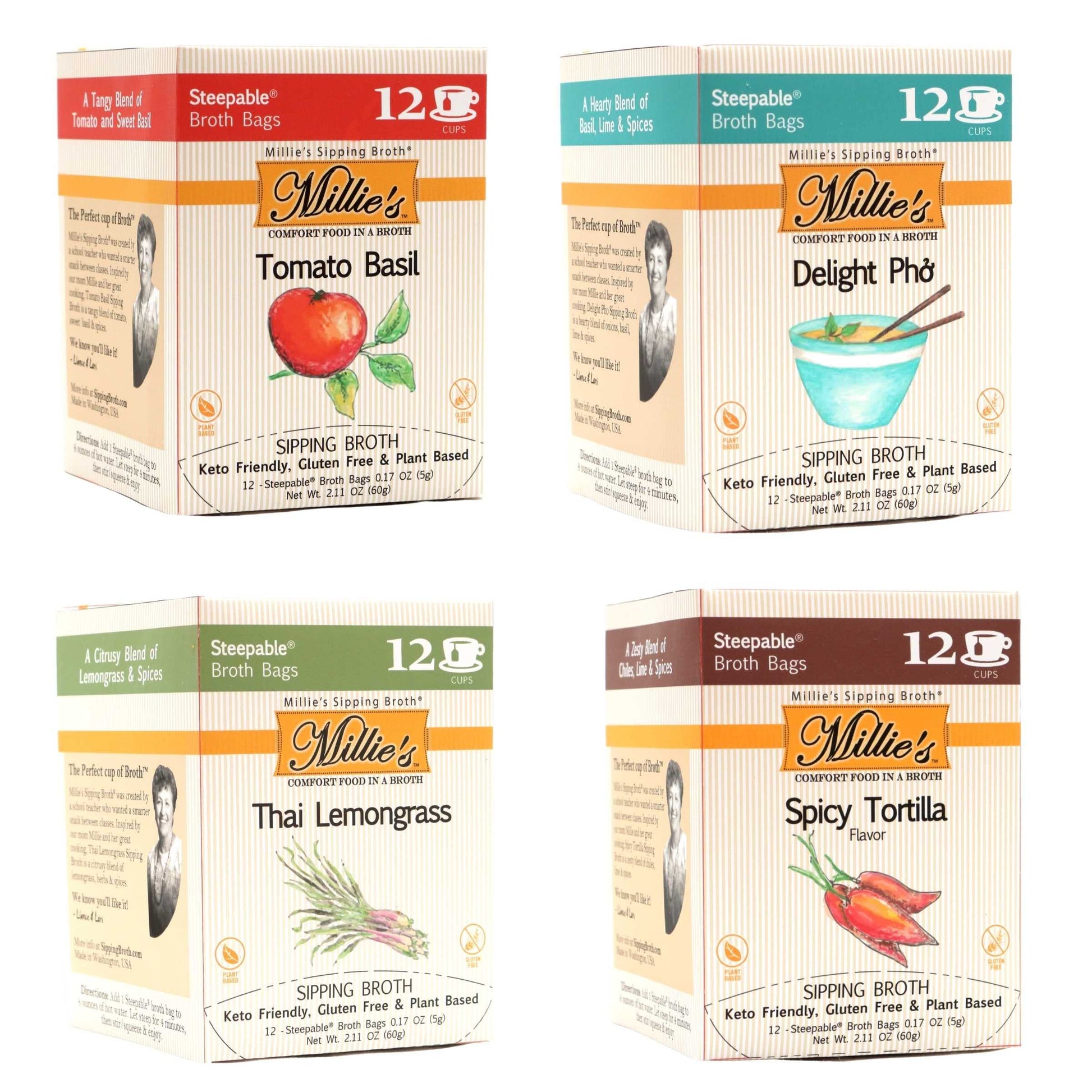 Millies Sipping Broth Steepable Vegetable Broth Assortment | Vegan, Keto | 48 Bags (12 Count, Pack of 4)