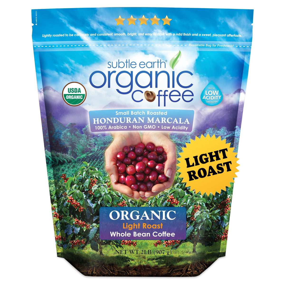 Subtle Earth Organic Coffee - Light Roast - Whole Bean Coffee - 100% Arabica Beans - Low Acidity And Non-Gmo - 2Lb Bag