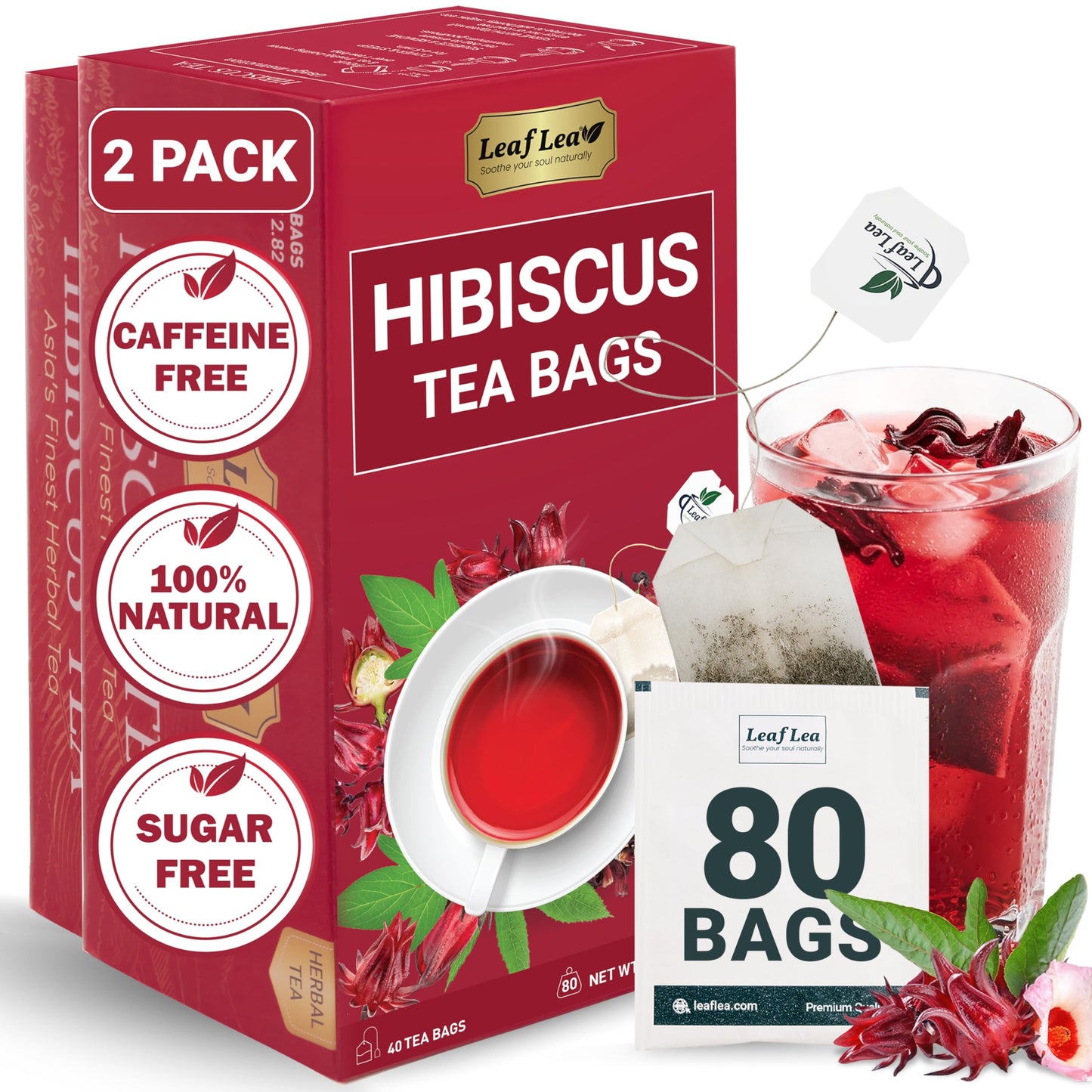 LeafLea Hibiscus Tea Bags - 100% Natural, Caffeine-Free, Sugar-Free, Vegan - 80 Tea Bags (Pack of 2)