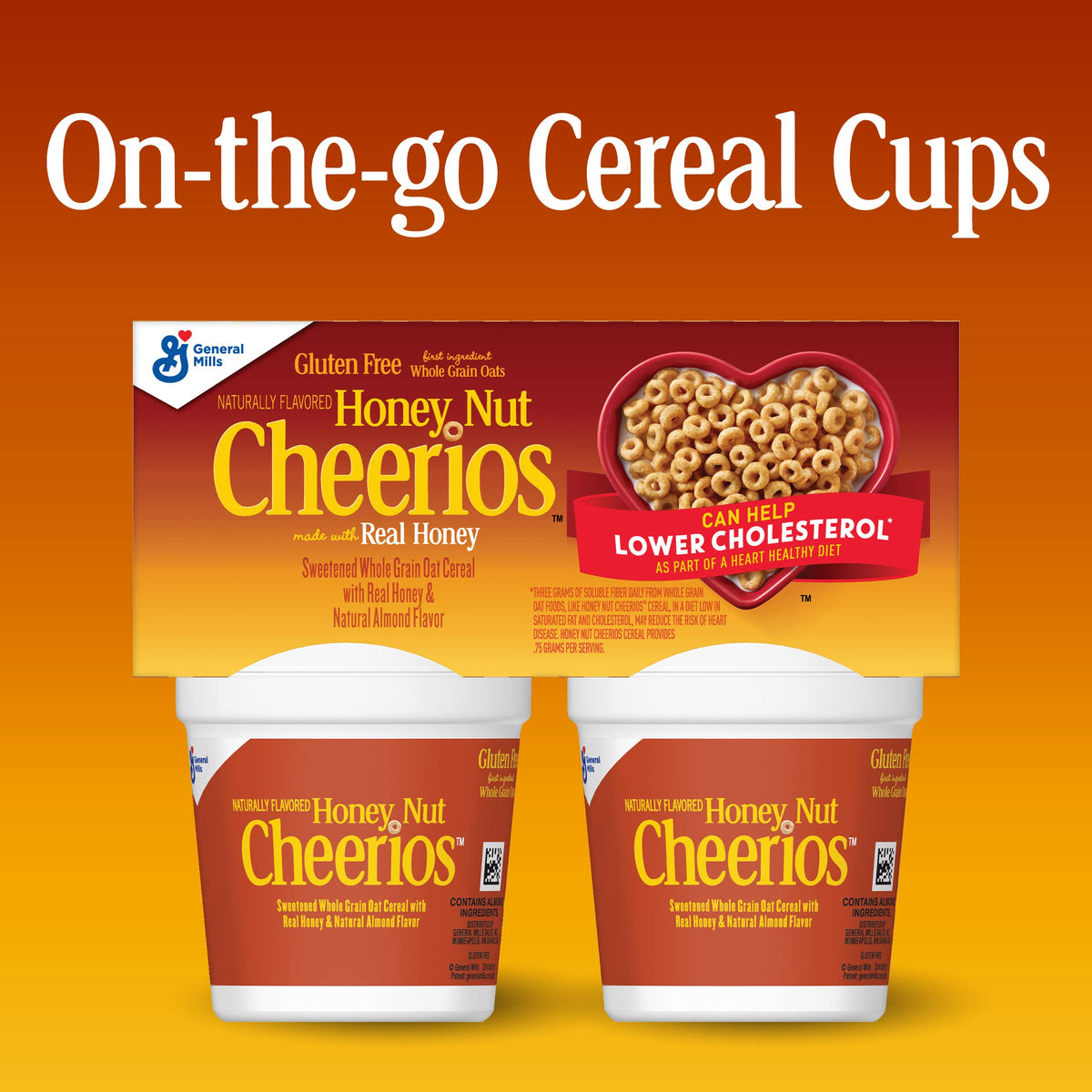Big G Cereal Honey Nut Cheerios Gluten Free Cereal, 4Pk Cup 7.2Oz