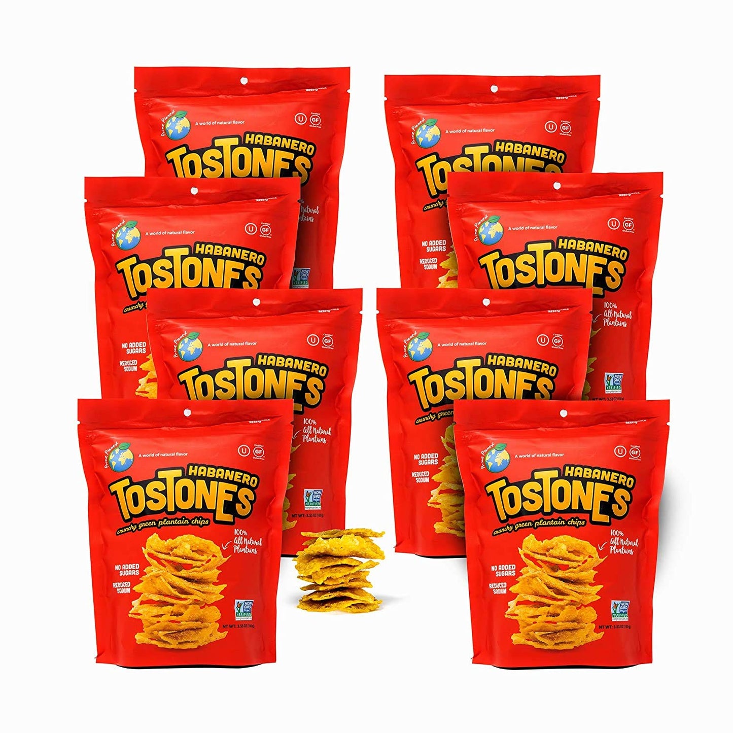 Prime Planet Tostones Green Plantain Chips, Habanero Flavor, 3.53 Oz (Pack of 8), Crunchy Snacks