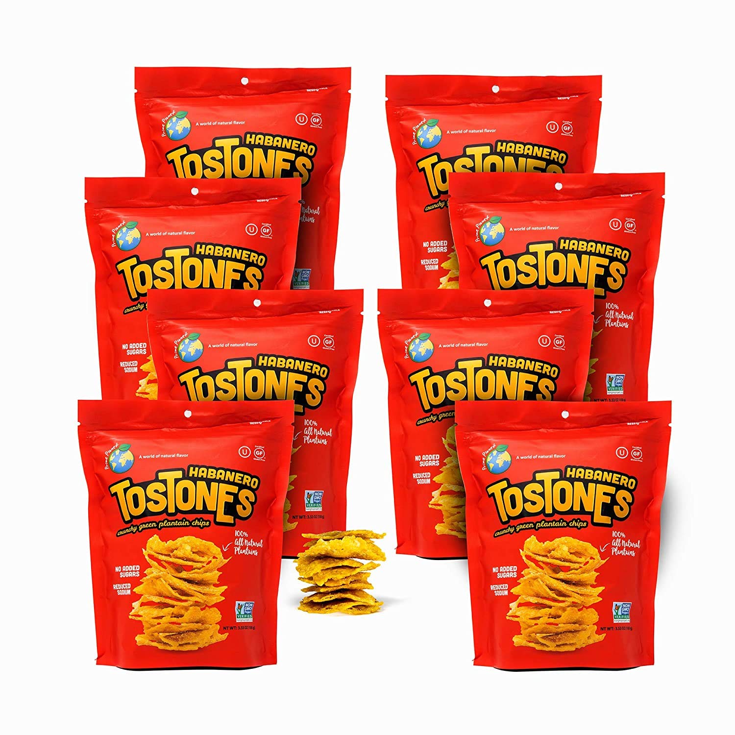 Prime Planet Tostones Green Plantain Chips, Habanero Flavor, 3.53 Oz (Pack of 8), Crunchy Snacks