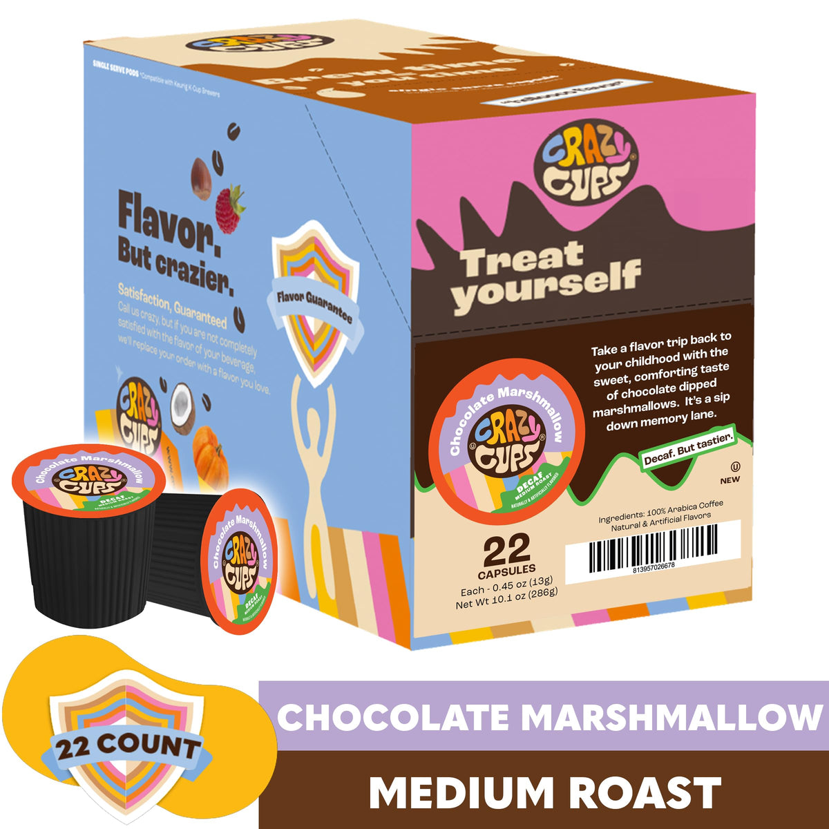 Crazy Cups Decaf Coffee Pods, Chocolate Marshmallow Flavor, Medium Roast, 22 Count, Compatible with Keurig K Cups