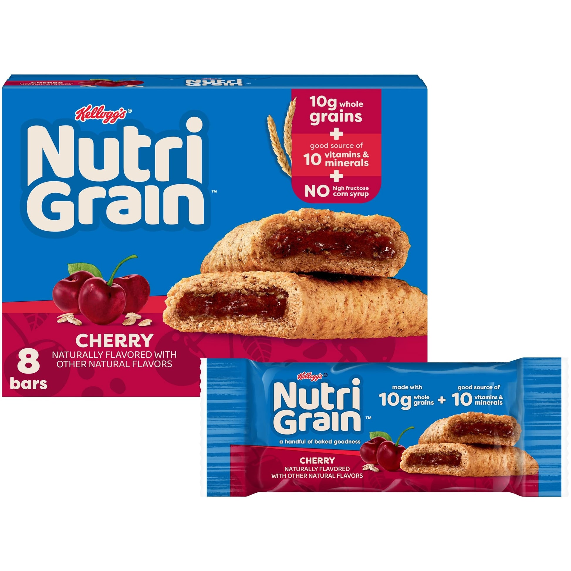 Nutri-Grain Breakfast Bars, Made with 10g Whole Grains, Snack Bars, Cherry, 10.4oz Box (8 Count)