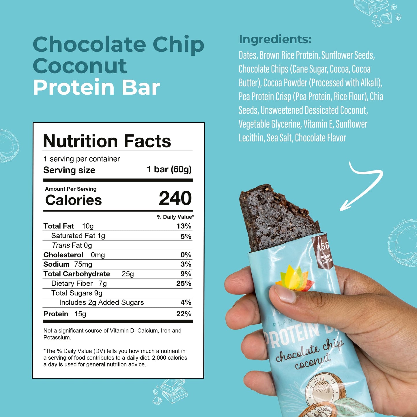 Amrita Vegan Protein Bars - Chocolate Chip Coconut, 15g Protein, Gluten & Soy Free, 12 Count (Pack of 3)