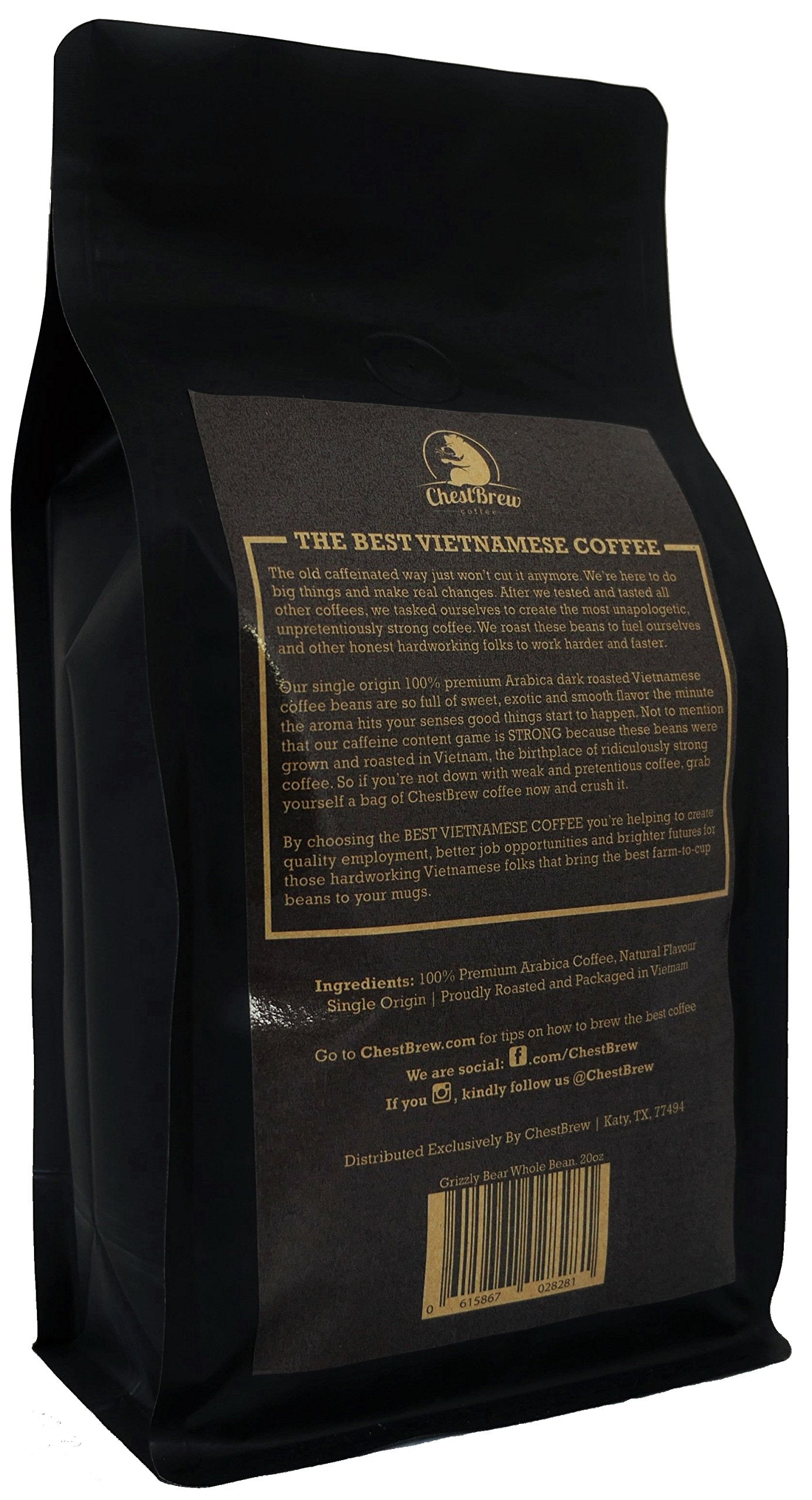 CHESTBREW COFFEE Whole Bean Coffee Medium Roast 20 Ounce Dark Brown Bag
