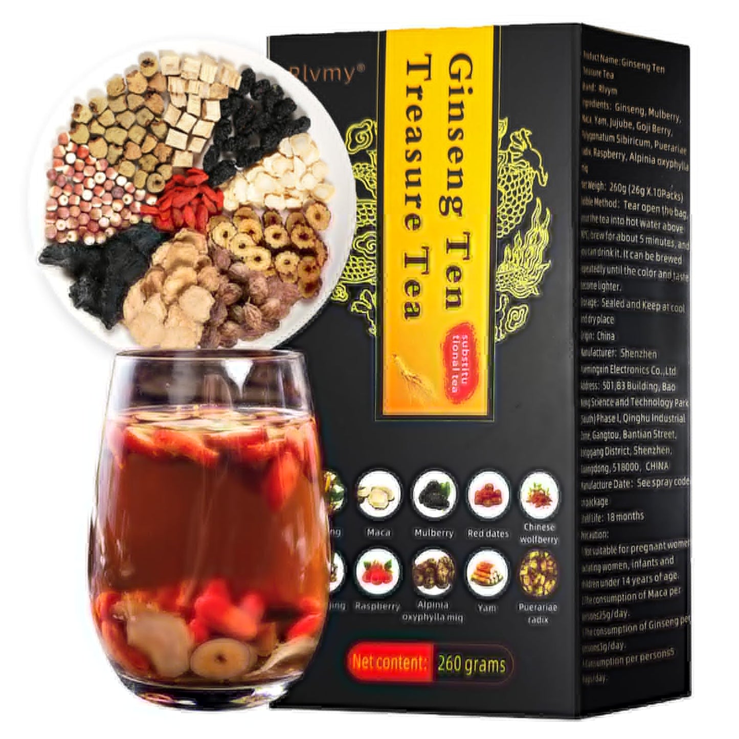10 Bags Flavor Blendseng Ten Treasures Tea  Chinese Herbal Kidney Detox Tea For Men & Women  10 Precious Ingredients Formula (260G 10 Bags/Box)