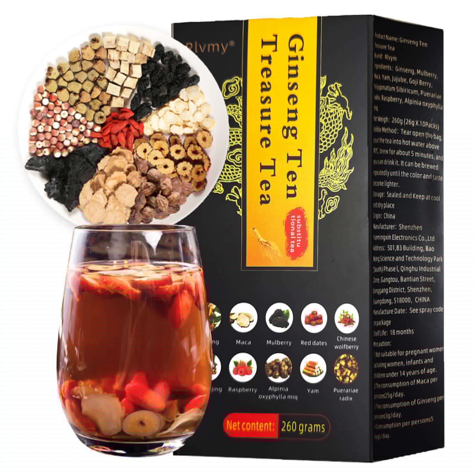 10 Bags Flavor Blendseng Ten Treasures Tea  Chinese Herbal Kidney Detox Tea For Men & Women  10 Precious Ingredients Formula (260G 10 Bags/Box)