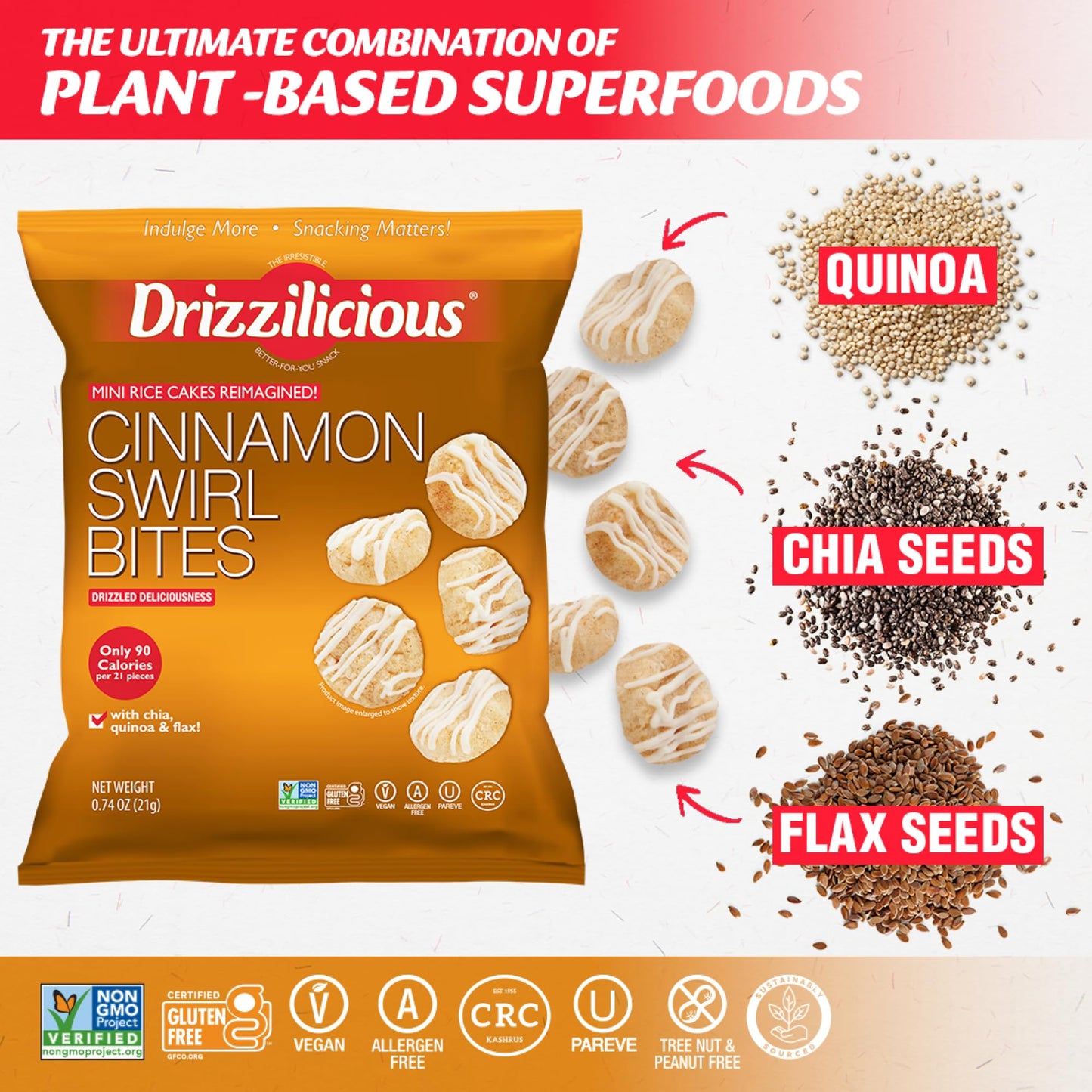 Drizzilicious Mini Rice Cakes Cinnamon Swirl - Rice Crisps, Healthy Snack For Mature-Themeds And Kids, Flavored Rice Cakes, Vegan, Gluten Free, Allergen Free, Only 90 Calories Per Bag - 0.74 Oz (Pack Of 20)