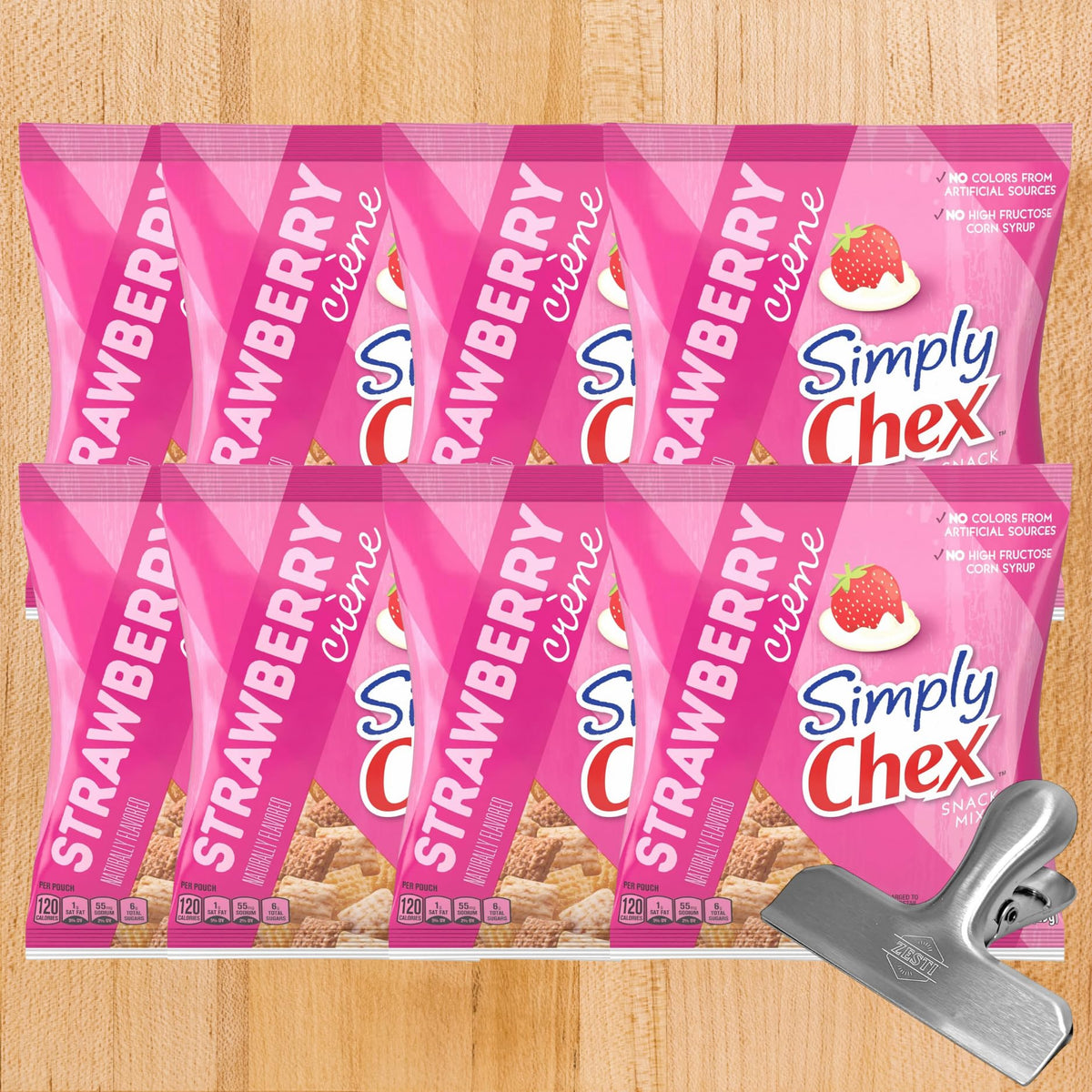 Strawberry Yogurt Crme Snack Mix, 1.03 oz (Pack of 8) with ZESTI Chip Clip - Sweet & Savory Whole Grain Cereal, Low-Fat, Individ