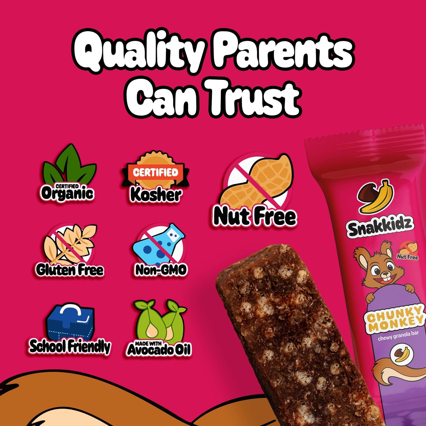 Snakkidz Organic Chewy Granola Bar, Allergen Free, Low Sugar, 45 Bars, Chunky Monkey, Brown