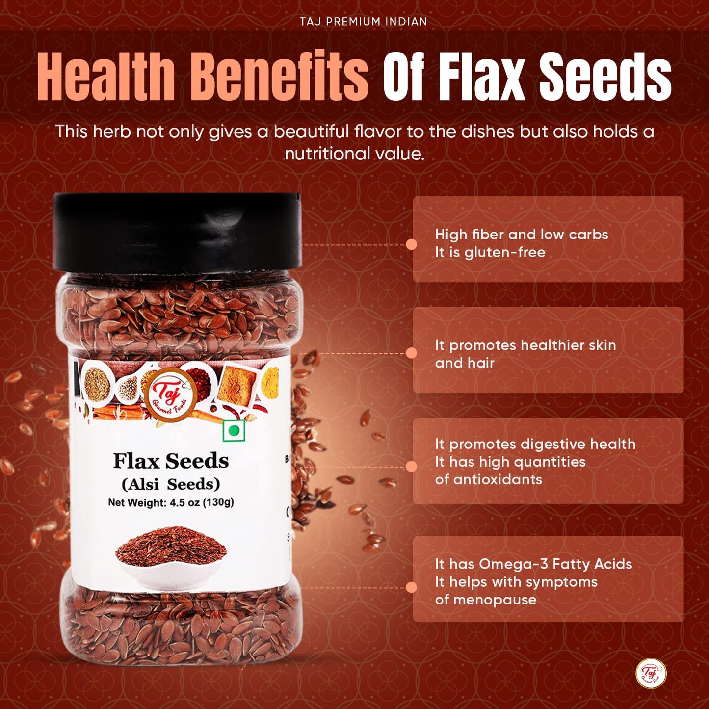 Aj Premium Indian Alsi Flax Seeds (Linseed), 4.5Oz (130G)