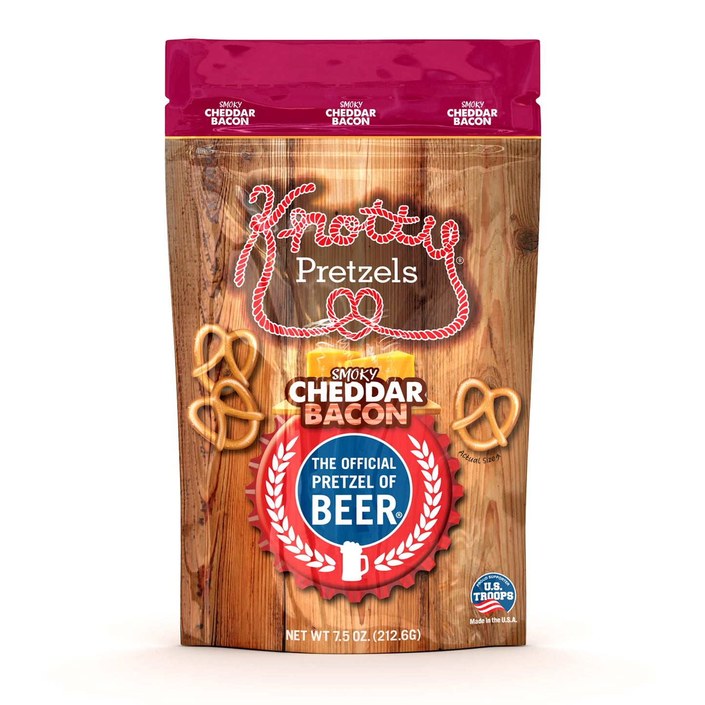 Knotty Pretzels Seasoned Pretzels, Cheddar Bacon Flavor, 7.5 oz (Pack of 6) - Resealable Snack Bags