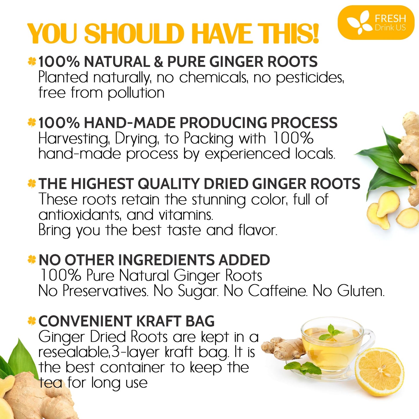 FRESHDRINKUS Premium Ginger Tea, 100% Natural & Pure, 20oz, Cut and Sifted, Vegan, No Additives, Caffeine-Free
