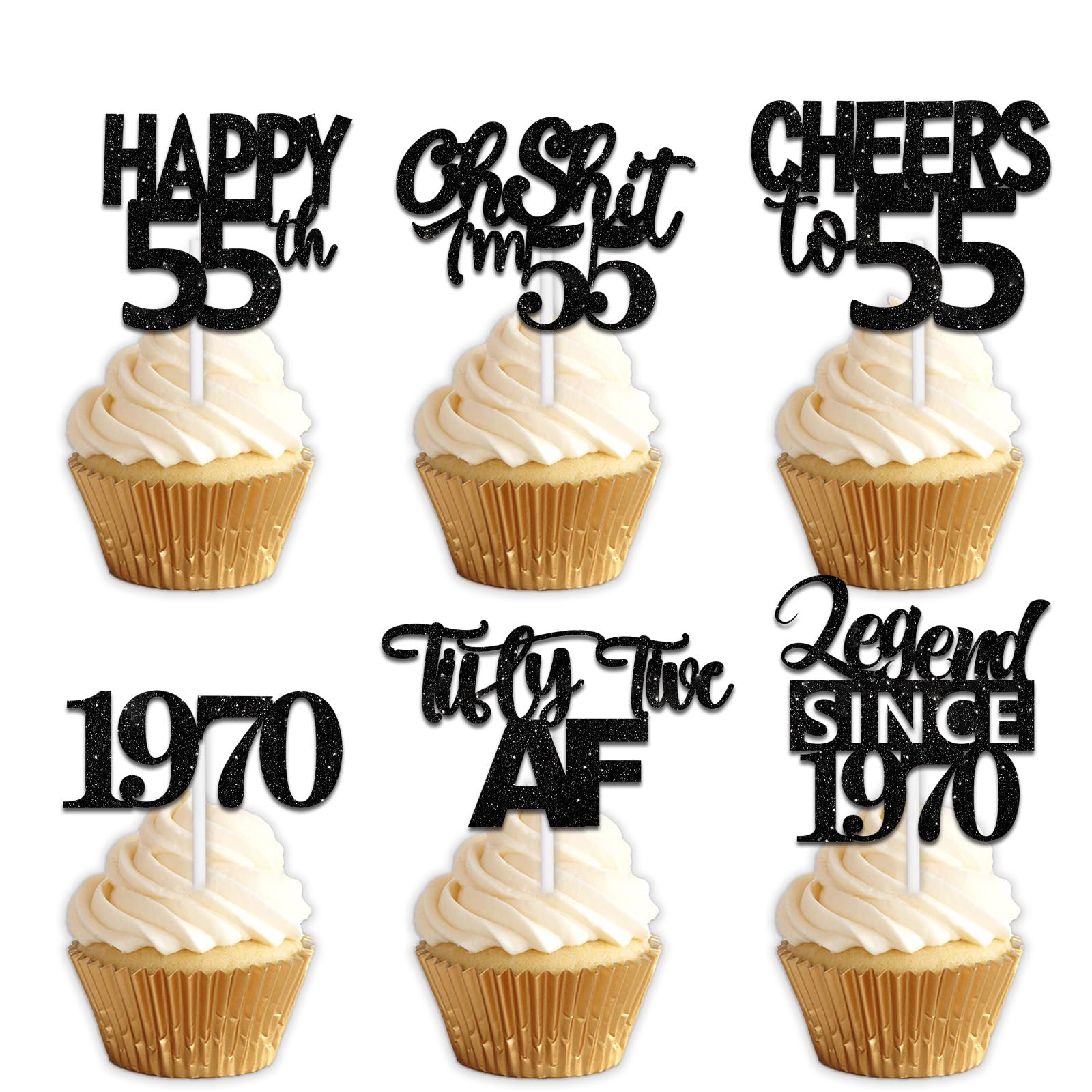 18pcs Black Glitter Happy 55th Dessert Cupcake Topper Pick for Funny Legend Since 1970 Theme Decor Supplies Men Women Happy 55 B