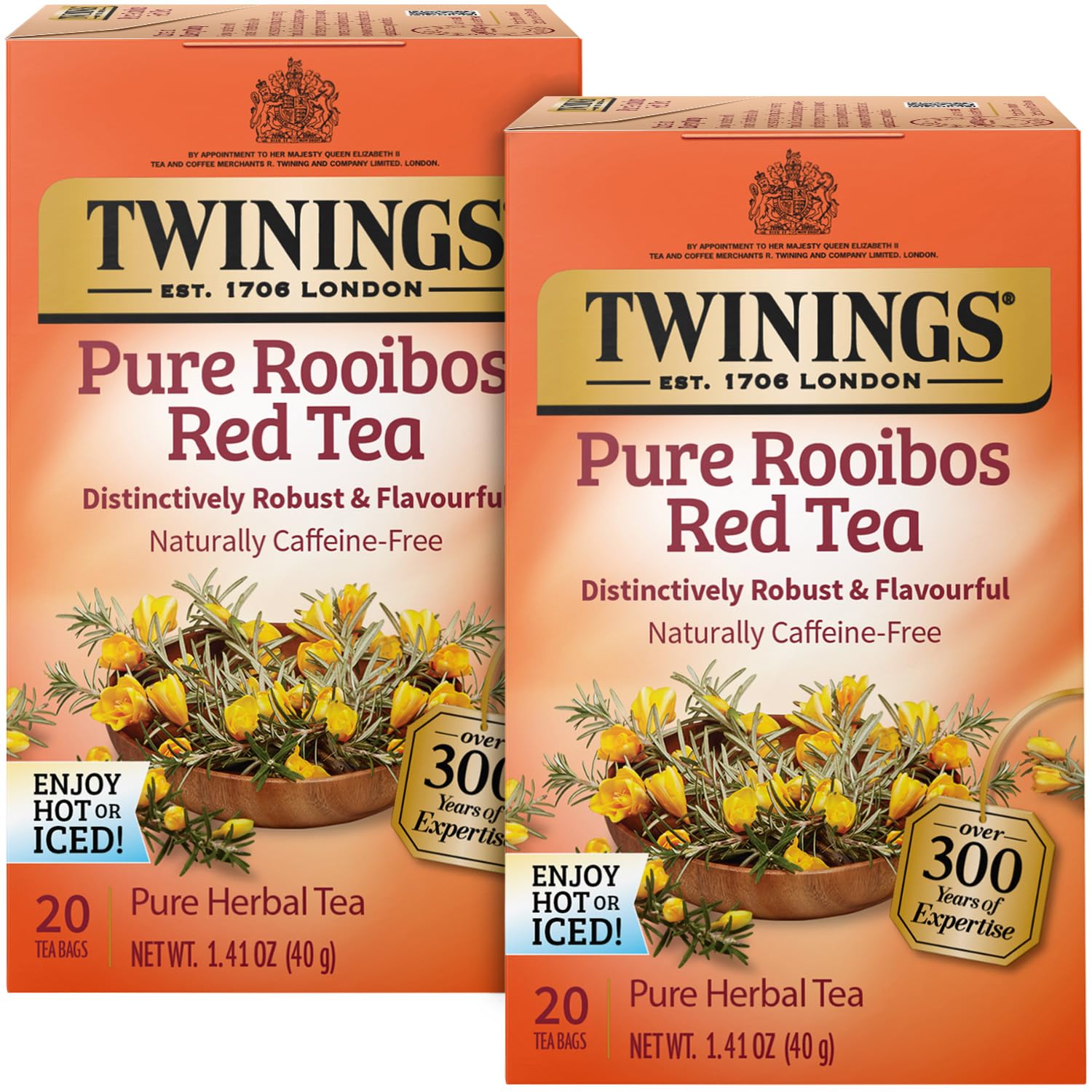 Twinings Rooibos Red Tea Bags, Caffeine-Free, Naturally Sweet & Tangy, 20 Count (Pack of 2)