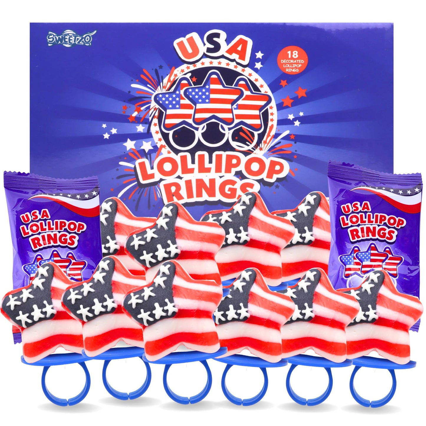 Sweetzo Red, White and Blue Candy Star Suckers - 4th of July Lollipops, Individually Wrapped, Small Size