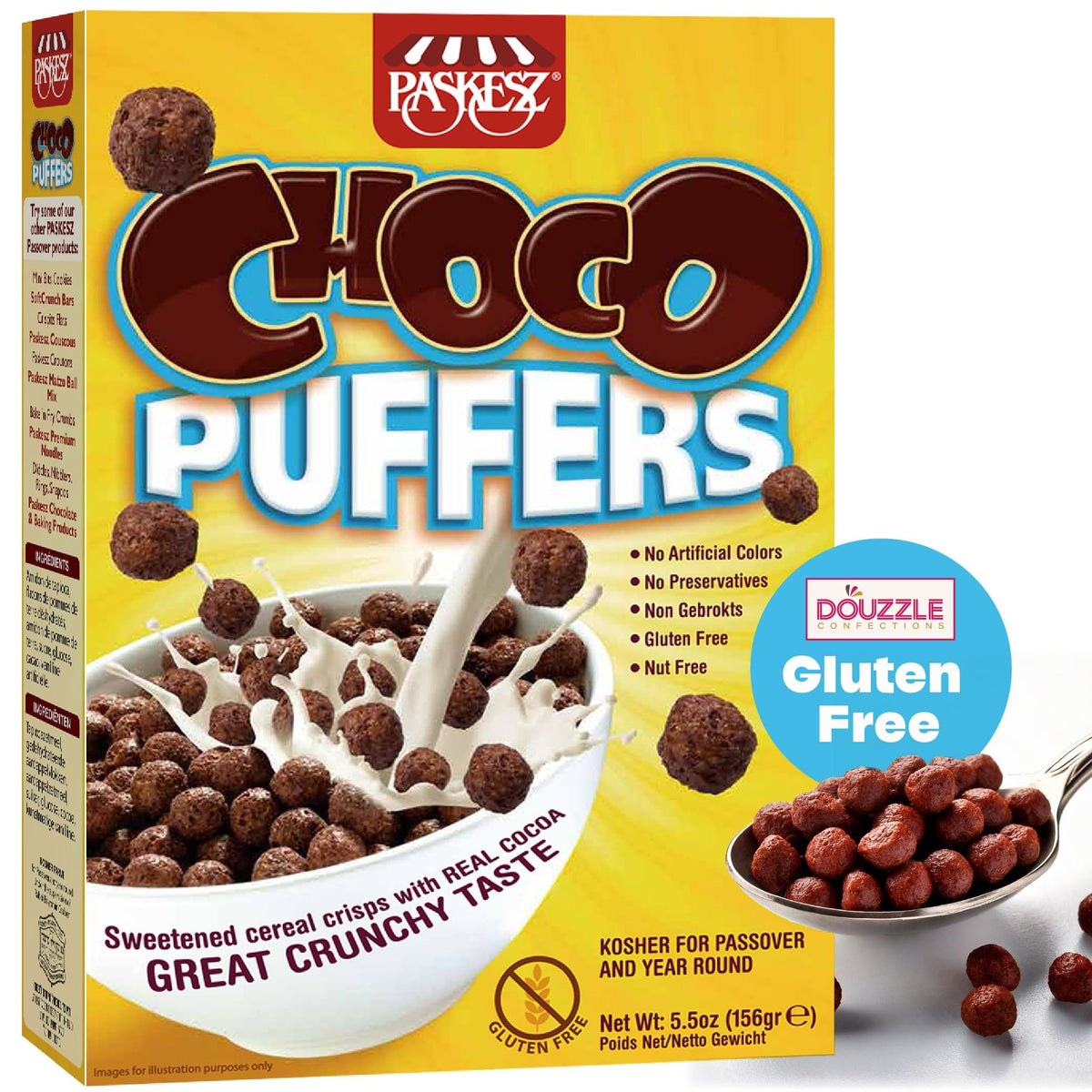 DOUzzle Gluten Free Choco Puffers Breakfast Cereal, Sweetened Cocoa Crisps (Pack of 1) Non Gebrokts Kosher for Passover Food Sna